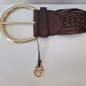 Michael Kors Brown Braided Leather Belt with Gold Buckle Large